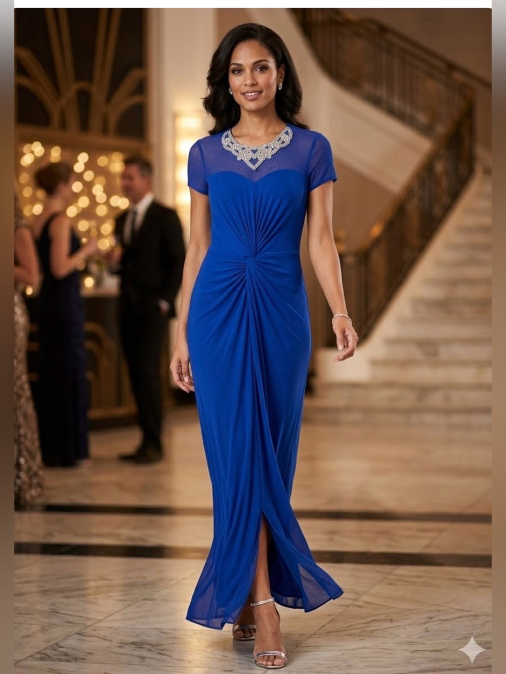 Royal Blue Embellished Neckline Formal Maxi Gown Elegant Prom Dress Smal